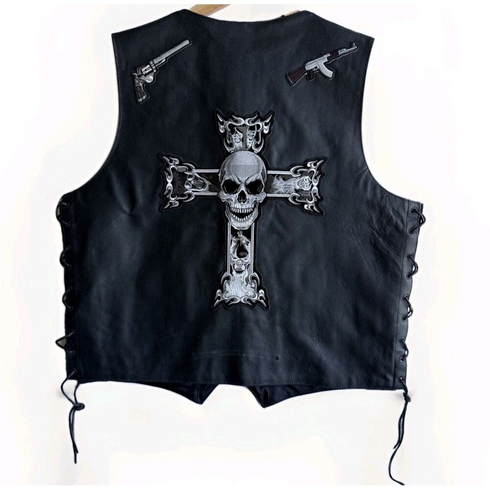 Concealed Carry Leather Biker Vest Black Leather Men’s Emb Patches Size 50 XXL